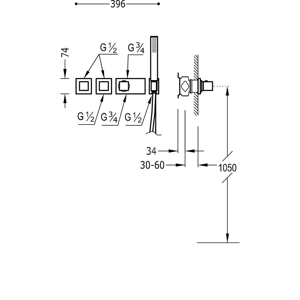 Cмеситель скрытого монтажа с термостатом с переключателем потока TRES Block System хром латунь 396x74мм 20725391