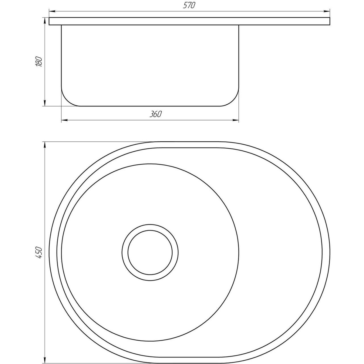 Мийка для кухні із нержавіючої сталі овальна врізна під стільницю MIRA MR 5745 570x450x180мм матова 0.6мм із сифоном 000006263