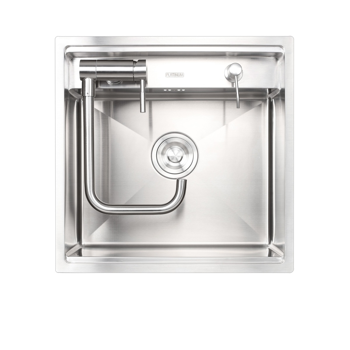 Мийка для кухні із нержавіючої сталі квадратна PLATINUM Handmade 500x500x220мм матова 1.5мм із сифоном, змішувачем та дозатором у комплекті PLS-A32534