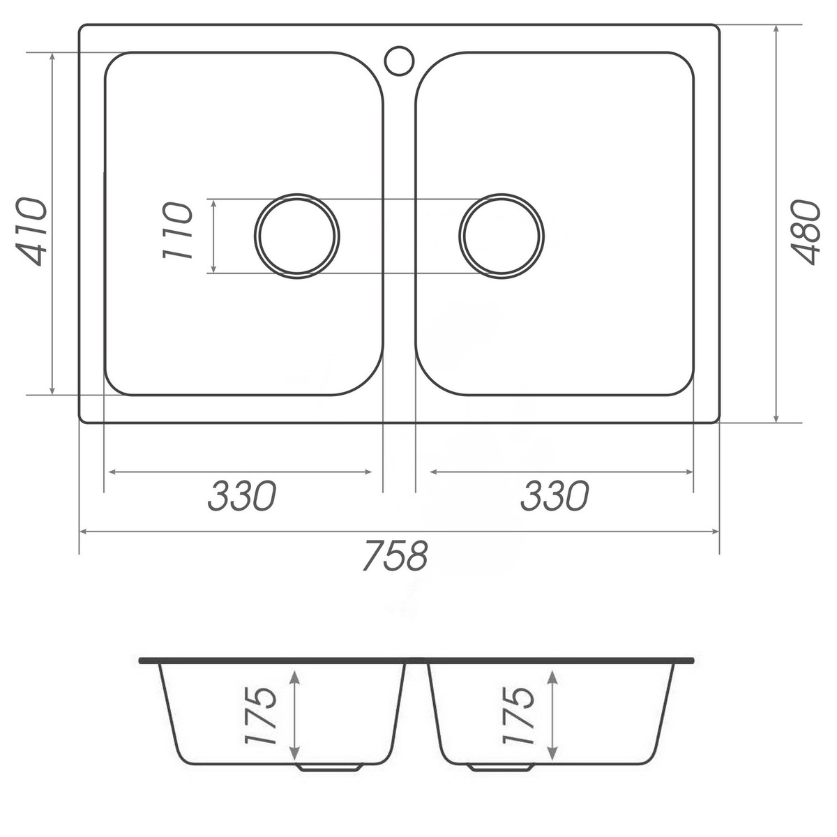 Мийка для кухні гранітна прямокутна PLATINUM 7648W TWIN 758x480x175мм без сифону на дві чаші чорна PLS-A24936