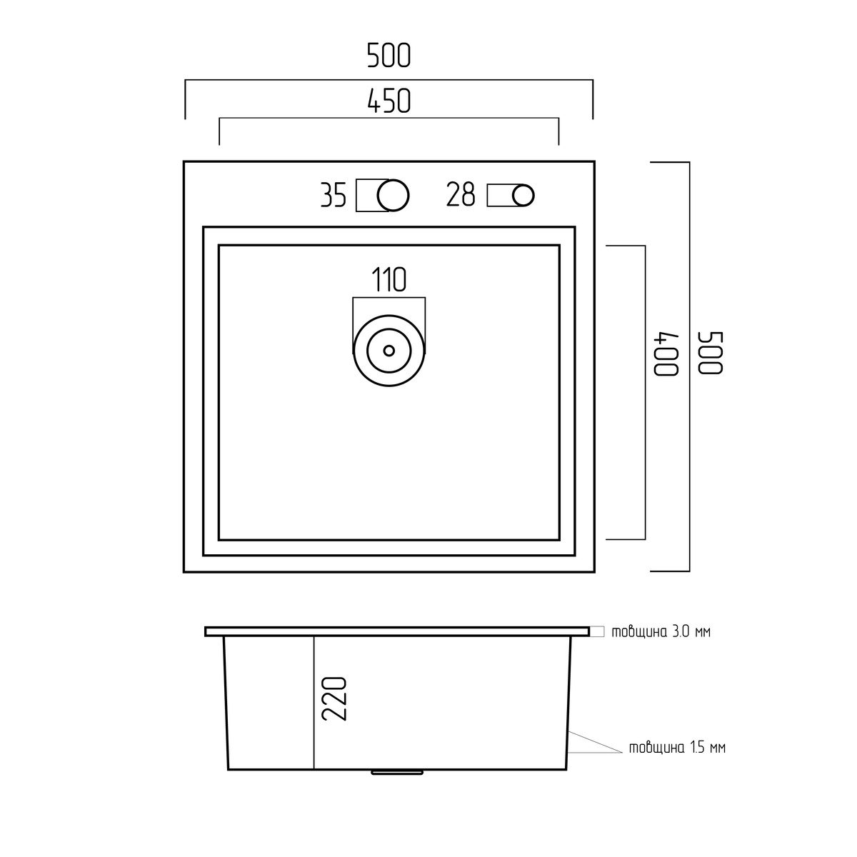 Мойка для кухни из нержавеющей стали квадратная PLATINUM Handmade 500x500x220мм матовая 1.5мм с сифоном PLS-A32259