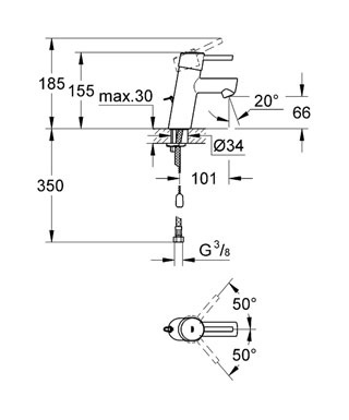 Кран для умывальника одновентильный GROHE Concetto M-size хром латунь с донным клапаном 23450001