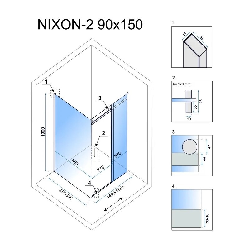 Кабина для душа прямоугольная угловая правая без поддона REA NIXON 90x150x190см прозрачное стекло 8мм профиль хром REA-K5011 + REA-K5009
