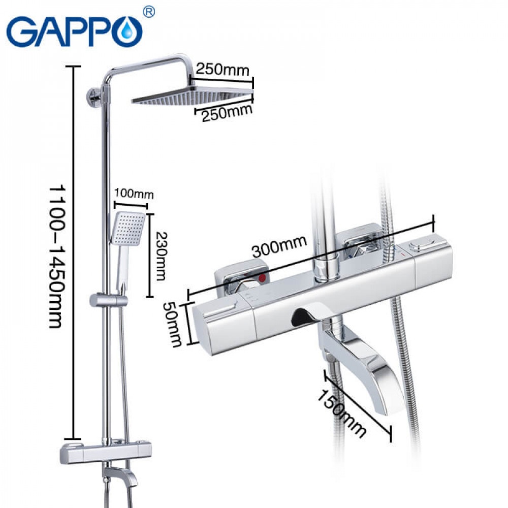 Душевая система с термостатом GAPPO с верхним душем и изливом латунная хром G2491