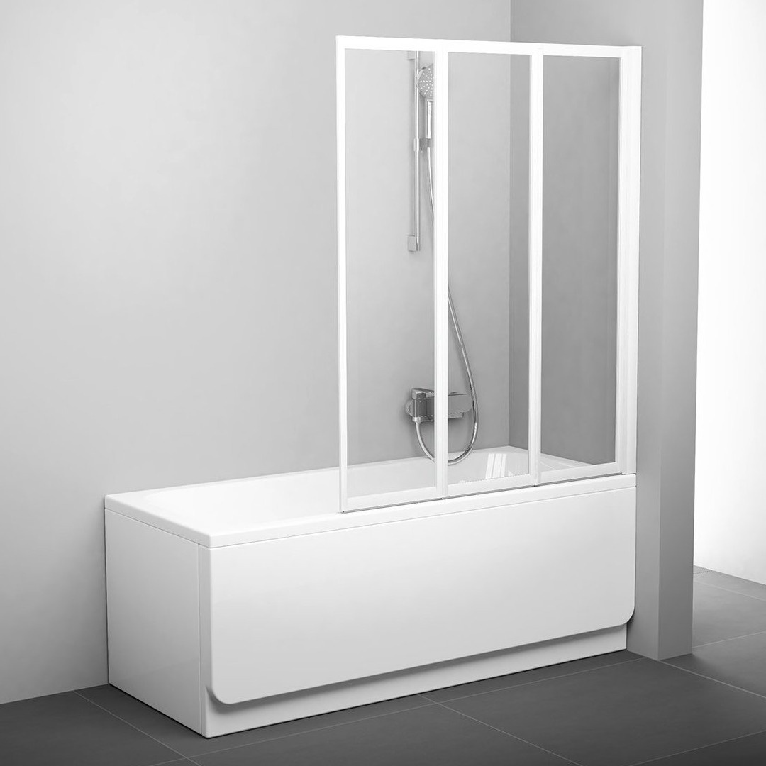 Шторка стеклянная для ванны универсальная трехсекционная складная 140x130см RAVAK BEHAPPY II VS3 130 стекло прозрачное 3мм профиль белый 795V0100Z1