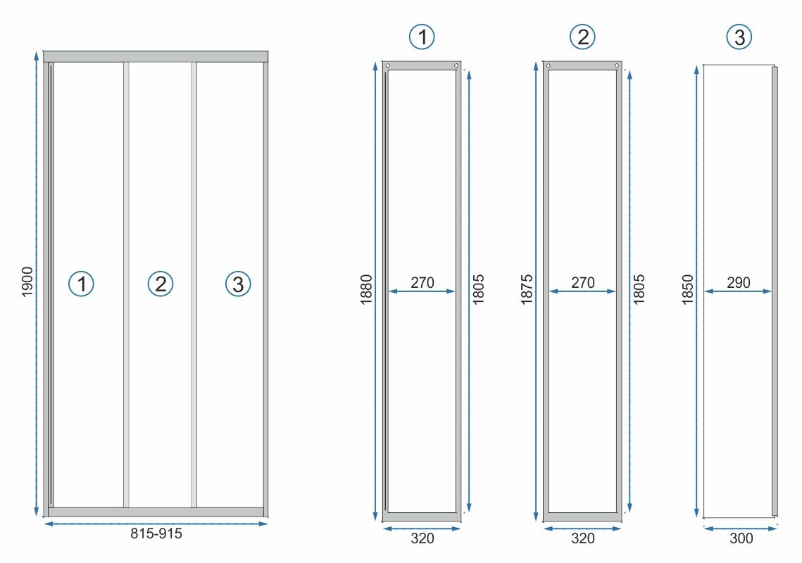 Двері скляні для душової ніші розсувні трисекційні REA ALEX BLACK 90 90x190см прозоре скло 4мм профіль чорний REA-K9638