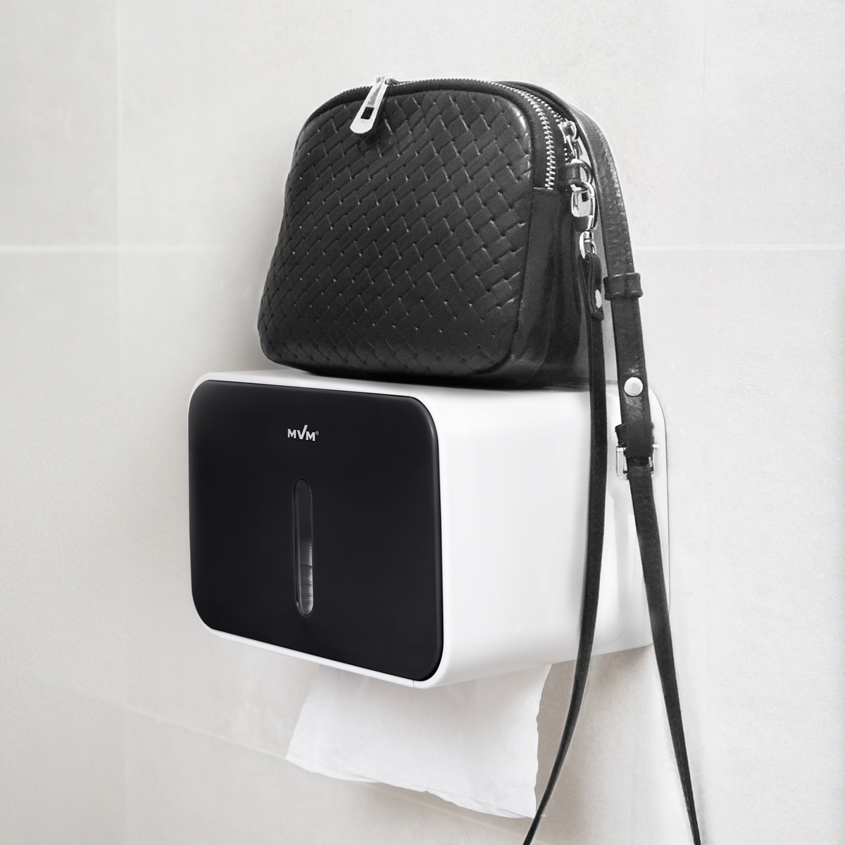 Держатель для туалетной бумаги с крышкой с полкой MVM округлый пластиковый черный BP-15 white/black