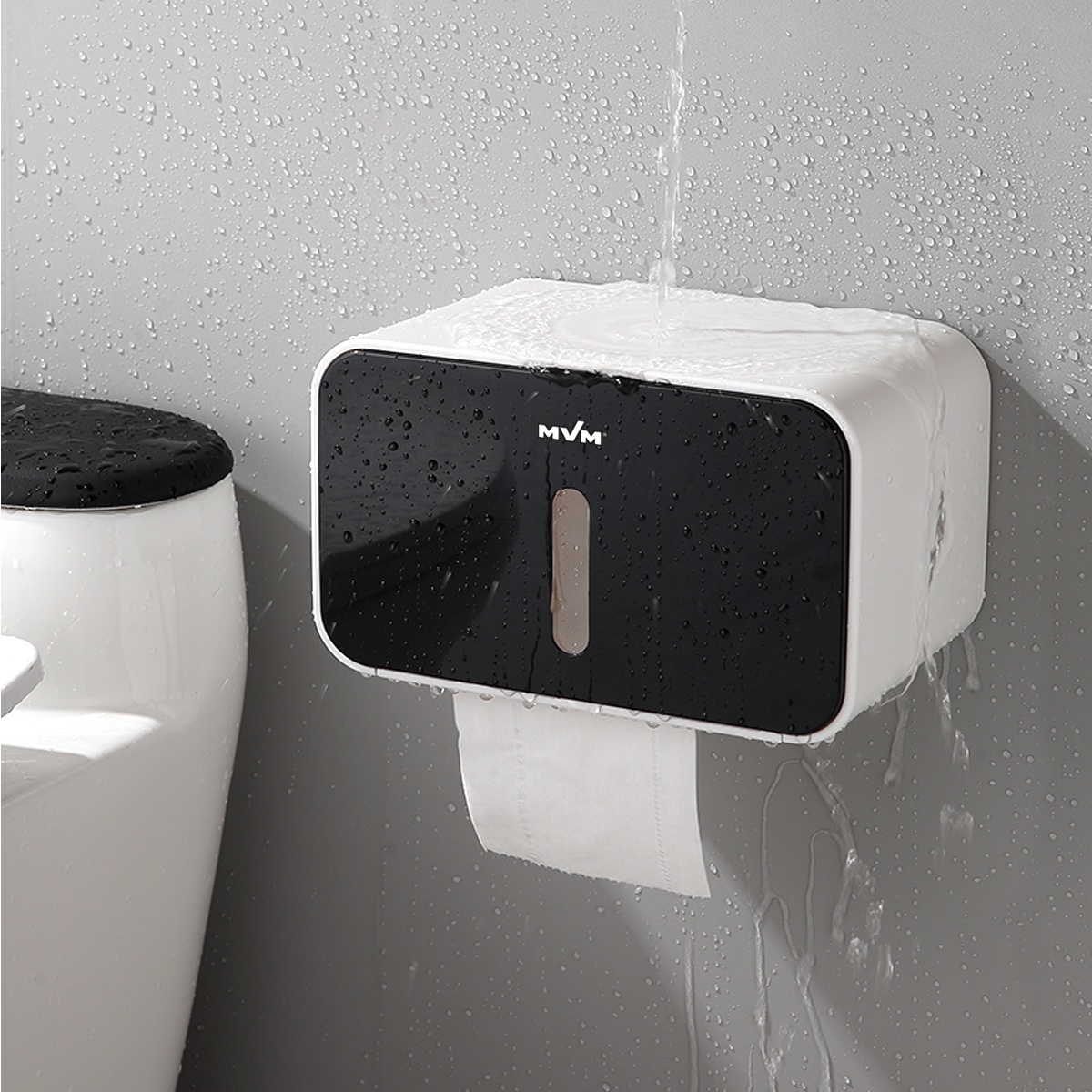 Тримач для туалетного паперу із кришкою із поличкою MVM округлий пластиковий чорний BP-15 white/black