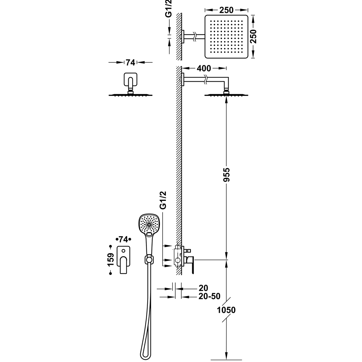 Душевая система скрытого монтажа TRES Loft 20018011 с верхним душем латунная хром