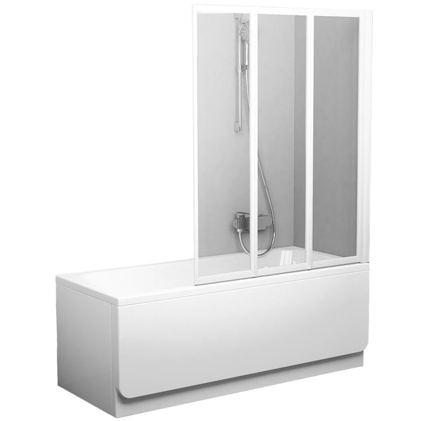 Шторка скляна для ванної універсальна три секції складна 140x130см RAVAK BEHAPPY II VS3 130 скло прозоре 3мм профіль білий 795V0100Z1