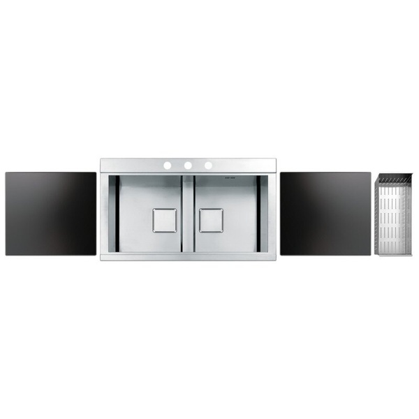 Кухонная мойка металлическая прямоугольная APELL 860мм x 500мм матовая 1мм на две чаши с сифоном PD862IKITB