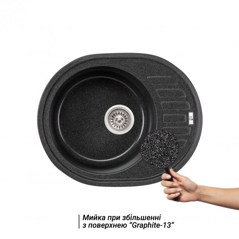 Мийка на кухню зі штучного каміння овальна LIDZ GRF-13 495мм x 610мм чорний із сифоном LIDZGRF13620500200