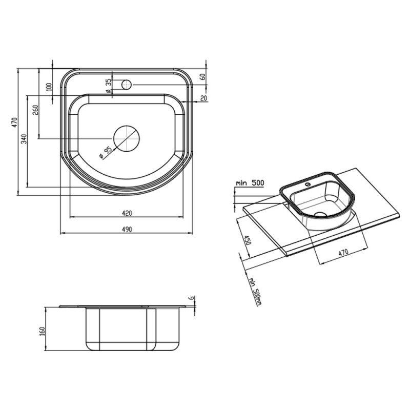 Кухонная мойка металлическая прямоугольная LIDZ 470мм x 490мм микротекстура 0.8мм с сифоном LIDZ4749DEC