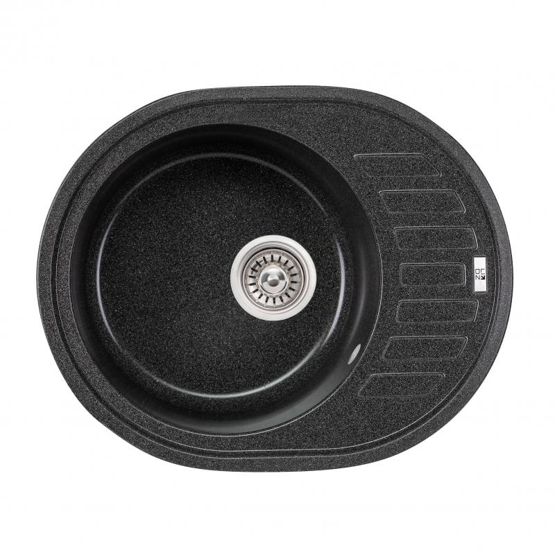 Мийка на кухню зі штучного каміння овальна LIDZ GRF-13 495мм x 610мм чорний із сифоном LIDZGRF13620500200
