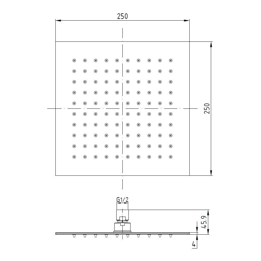 Потолочная квадратная лейка для верхнего душа VOLLE SH 250мм хром латунь 16008103