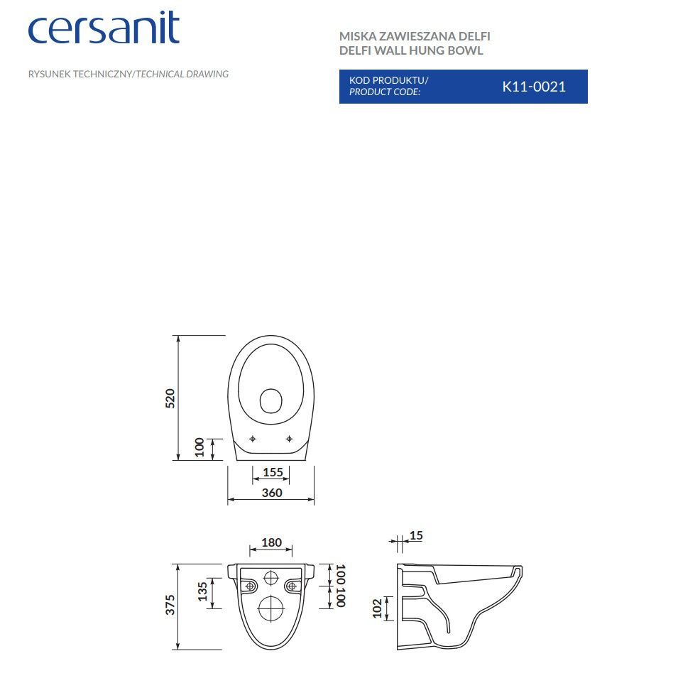 Унитаз подвесной белый CERSANIT Delfi без сиденья K11-0021
