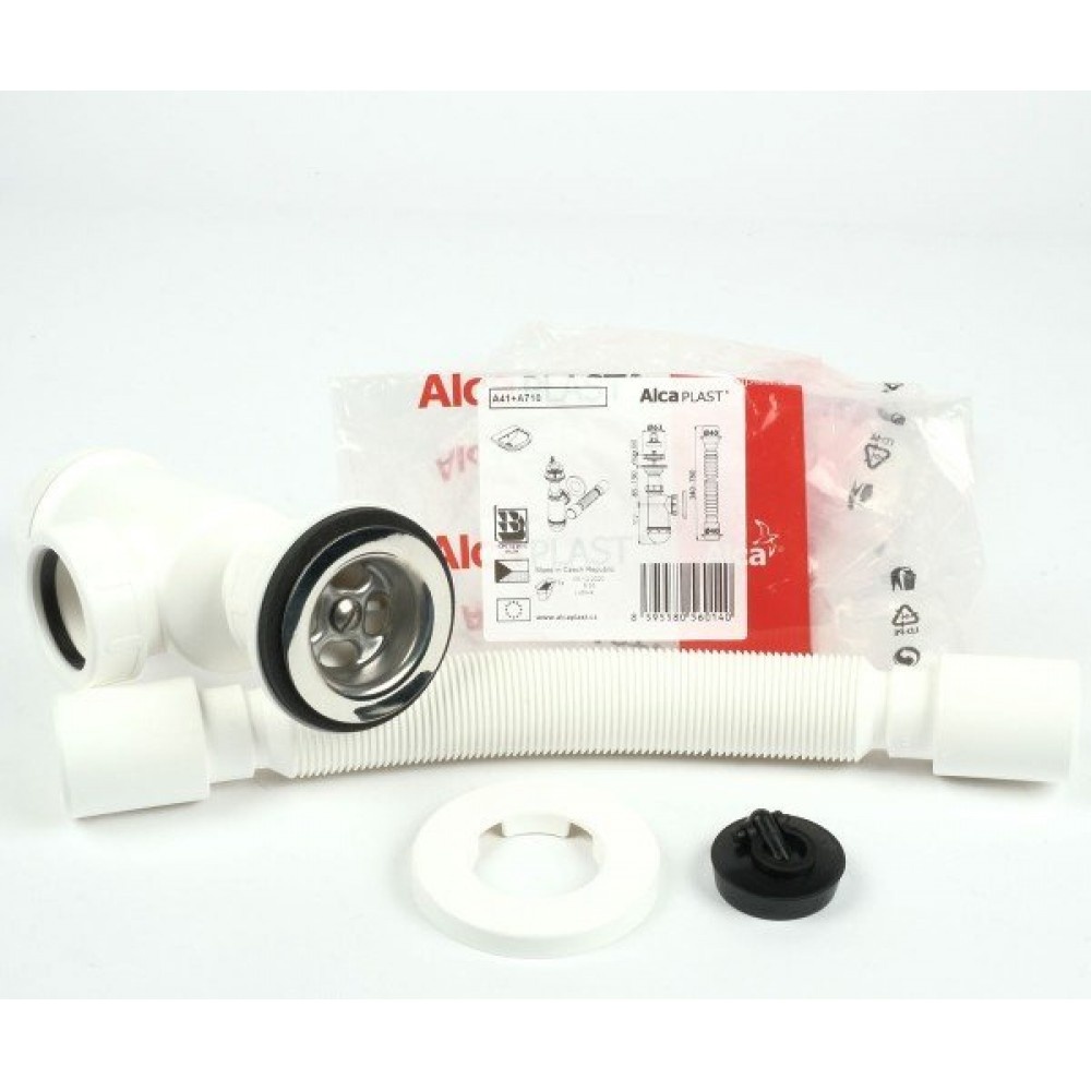 Сифон для умивальнику ALCAPLAST колбовий пластик впуск 60-63 мм гофрований випуск сатин A41+A710