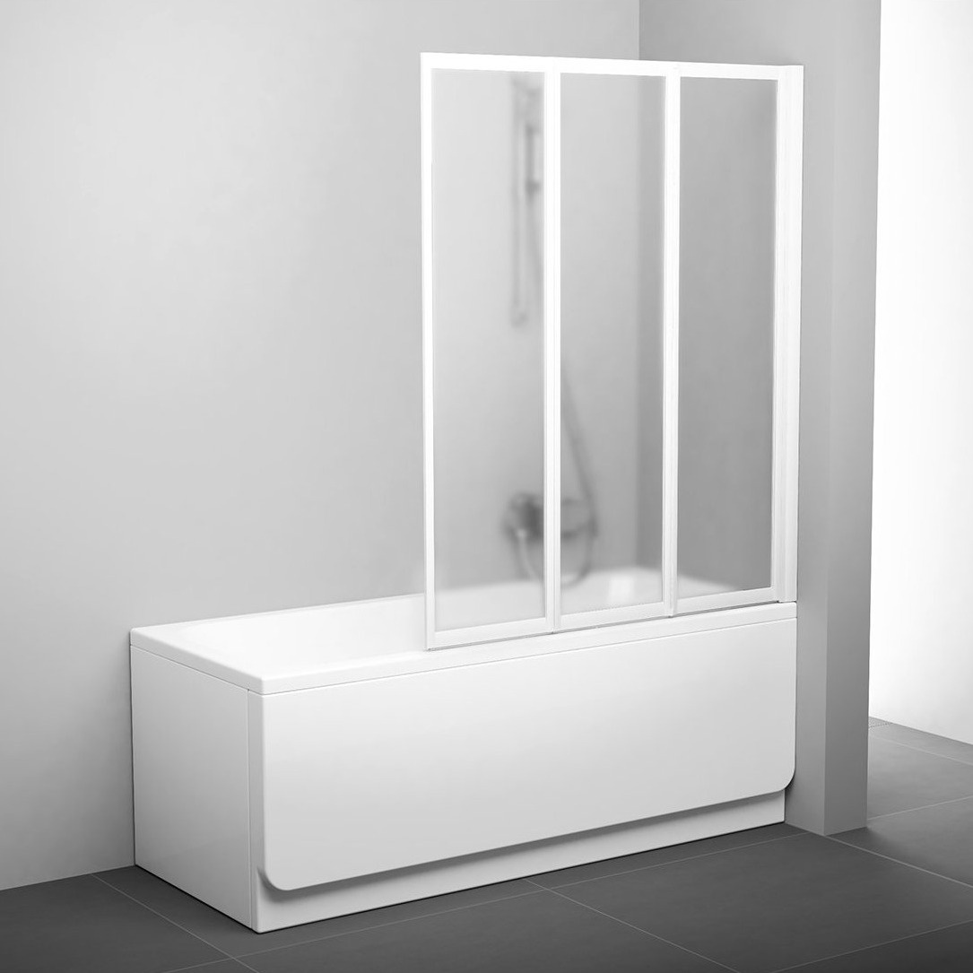 Шторка стеклянная для ванны универсальная трехсекционная складная 140x130см RAVAK BEHAPPY II VS3 130 Grape стекло матовое 3мм профиль белый 795V0100ZG
