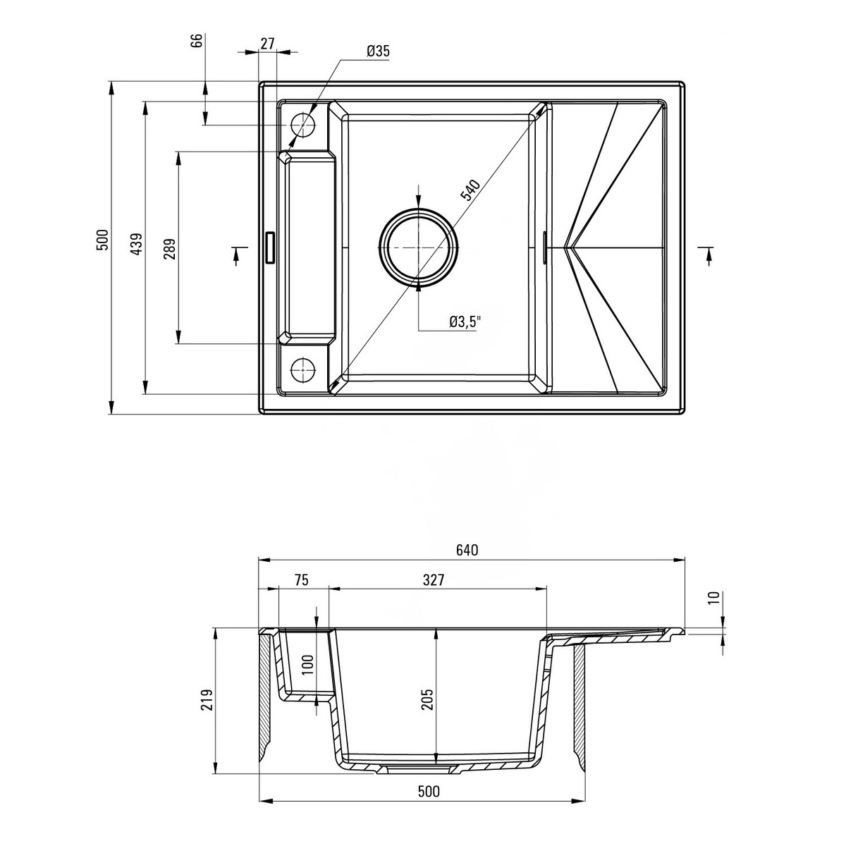 Мойка для кухни DEANTE гранитная Magnetic 640x500мм прямоугольная врезная с сифоном черная ZRM_N11A