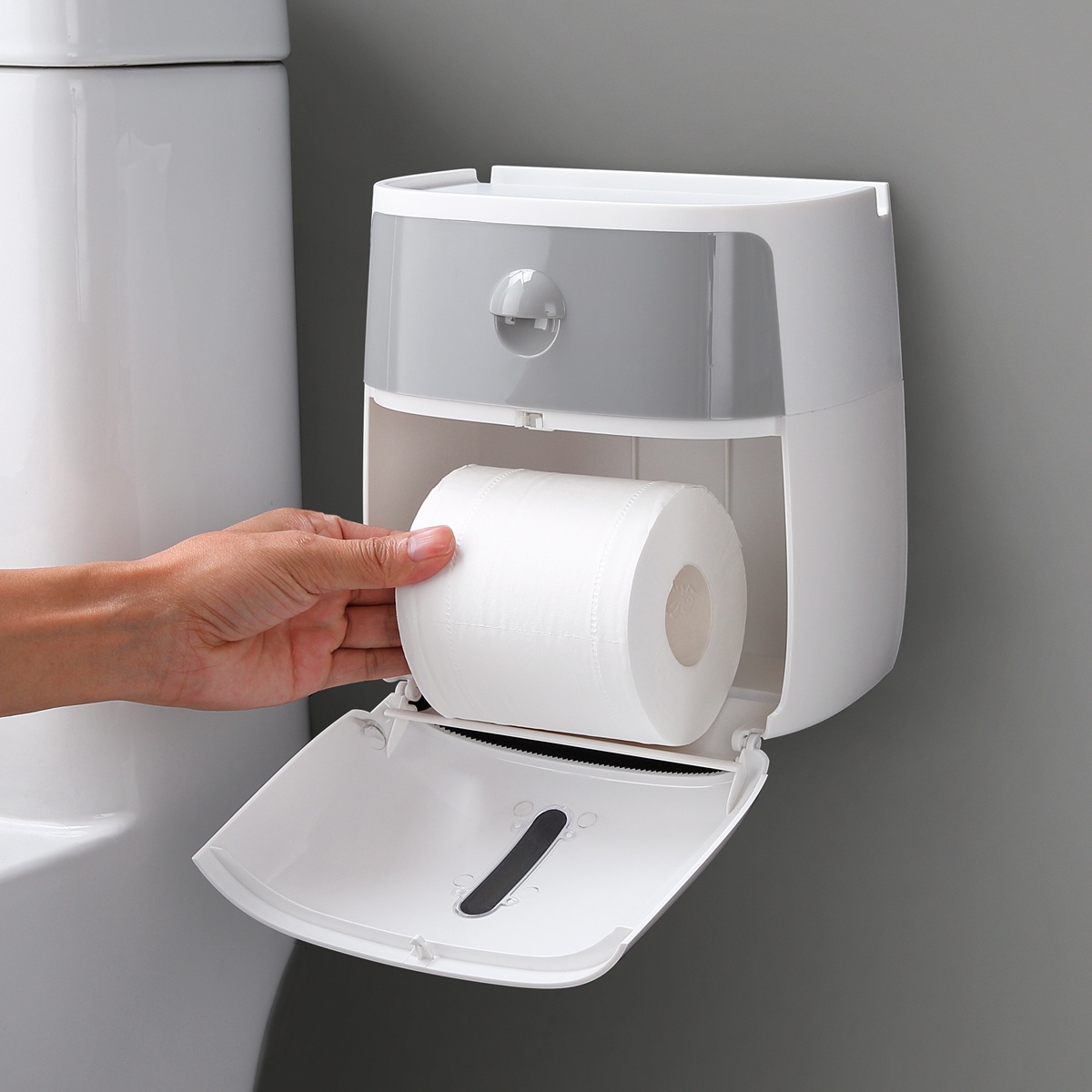 Тримач для туалетного паперу із кришкою із поличкою MVM округлий пластиковий сірий BP-16 white/gray
