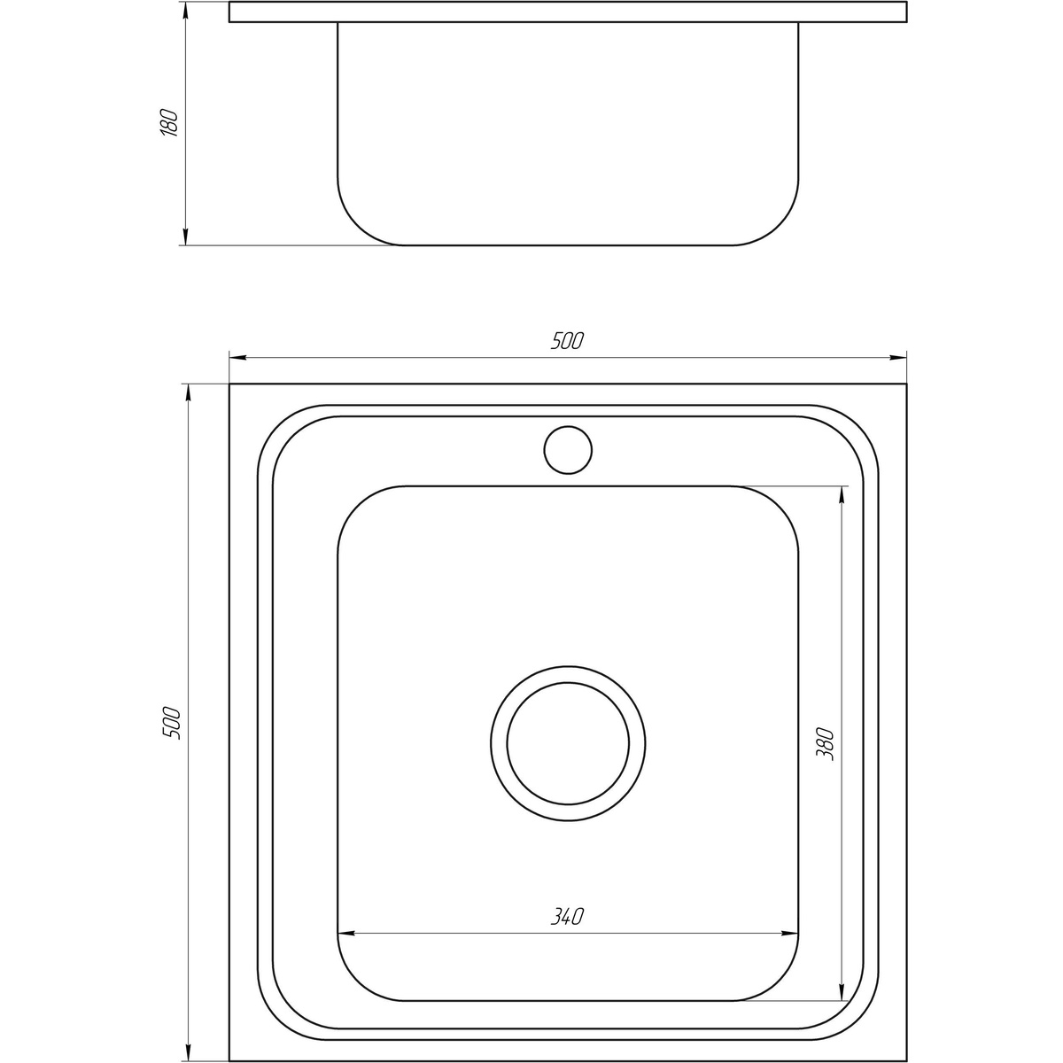 Раковина на кухню металева квадратна накладна MIRA 500мм x 500мм мікротекстура 0.8мм із сифоном 000014466