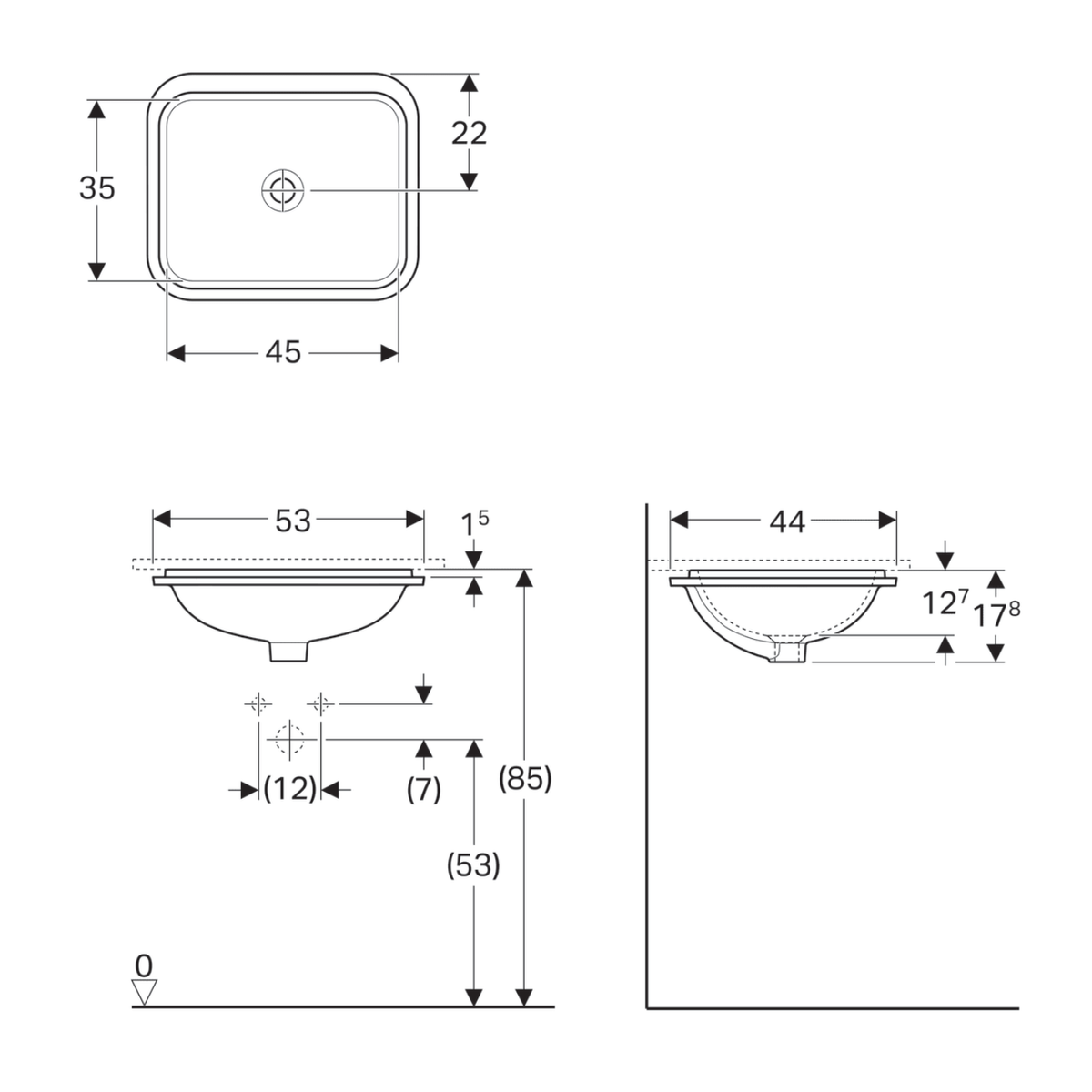 Умывальник врезной для ванной под столешницу 530мм x 440мм GEBERIT VariForm белый прямоугольная 500.761.01.2