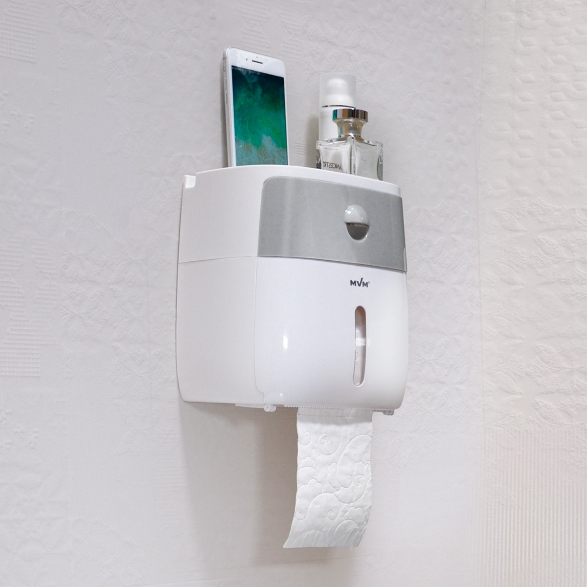 Тримач для туалетного паперу із кришкою із поличкою MVM округлий пластиковий сірий BP-16 white/gray