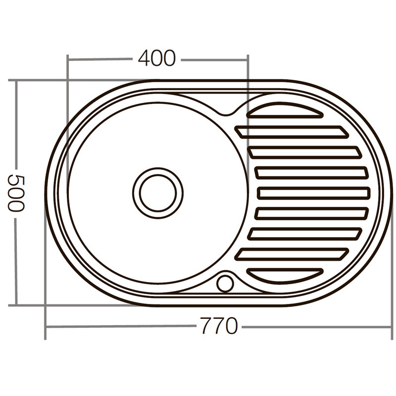 Мийка для кухні із нержавіючої сталі овальна ZERIX Z7750-08-180E 770x500x180мм матова 0.8мм із сифоном ZX1596