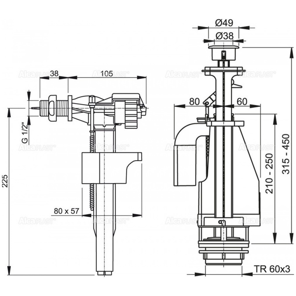 Комплект арматури для бачка унітаза ALCAPLAST підключення 1/2" нижнє підведення води SA08S 1/2" CHROM