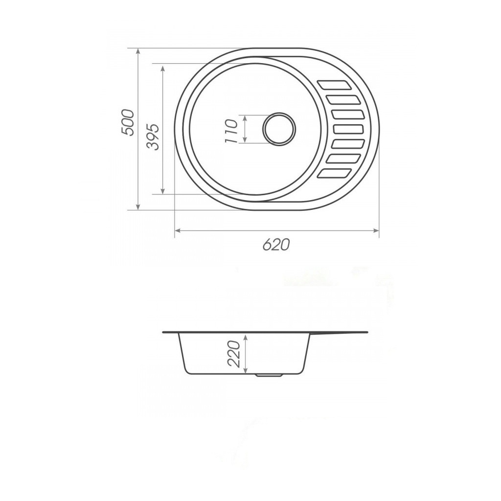 Мойка для кухни PLATINUM гранитная 6250 SOUL 620x500мм овальная врезная без сифона черная PLS-A27541