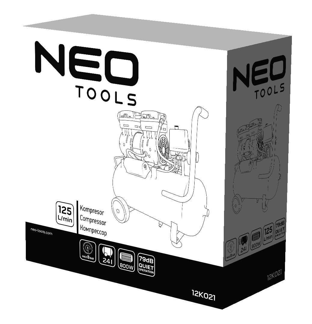 Компресор повітряний Neo Tools, безолійний, 800Вт, 24л, 125л/хв, 8бар, 2-х поршневий, IP20