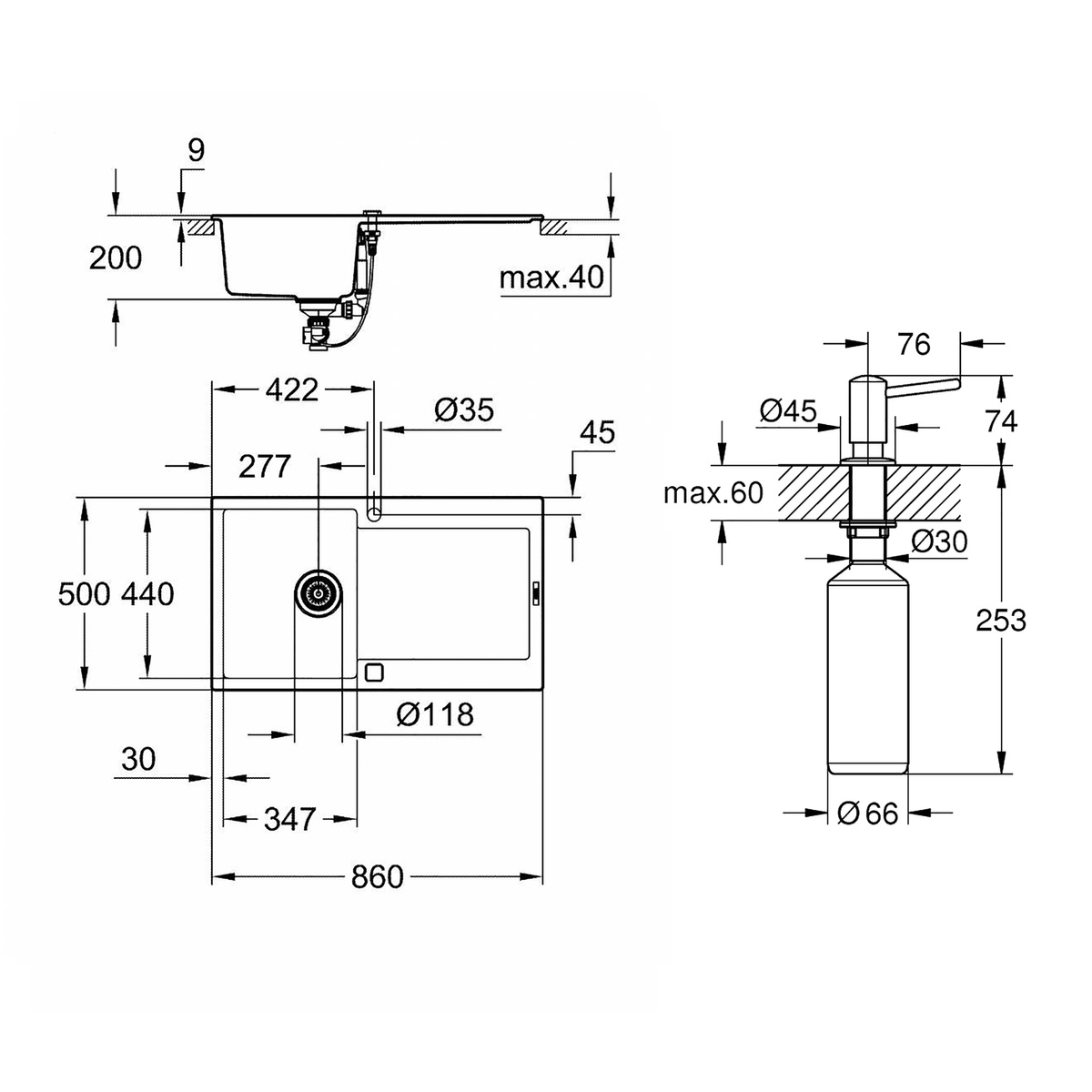 Мойка для кухни GROHE гранитная K500 Contemporary 860x500мм прямоугольная врезная с сифоном серая 31644AT040536000