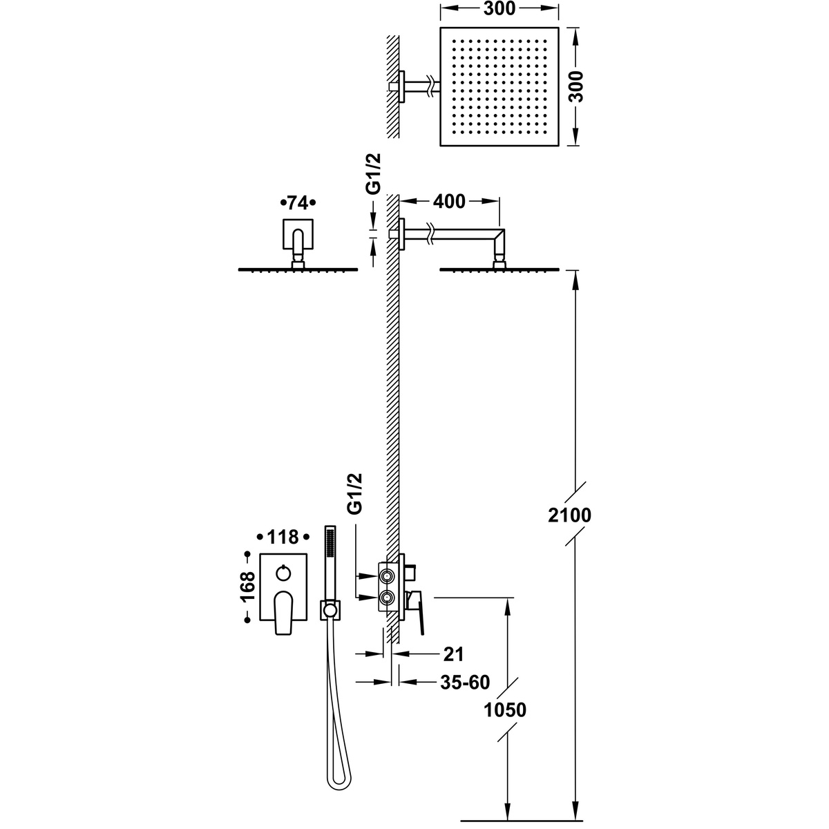 Душевая система скрытого монтажа TRES Project 21128004AC с верхним душем латунная сатин