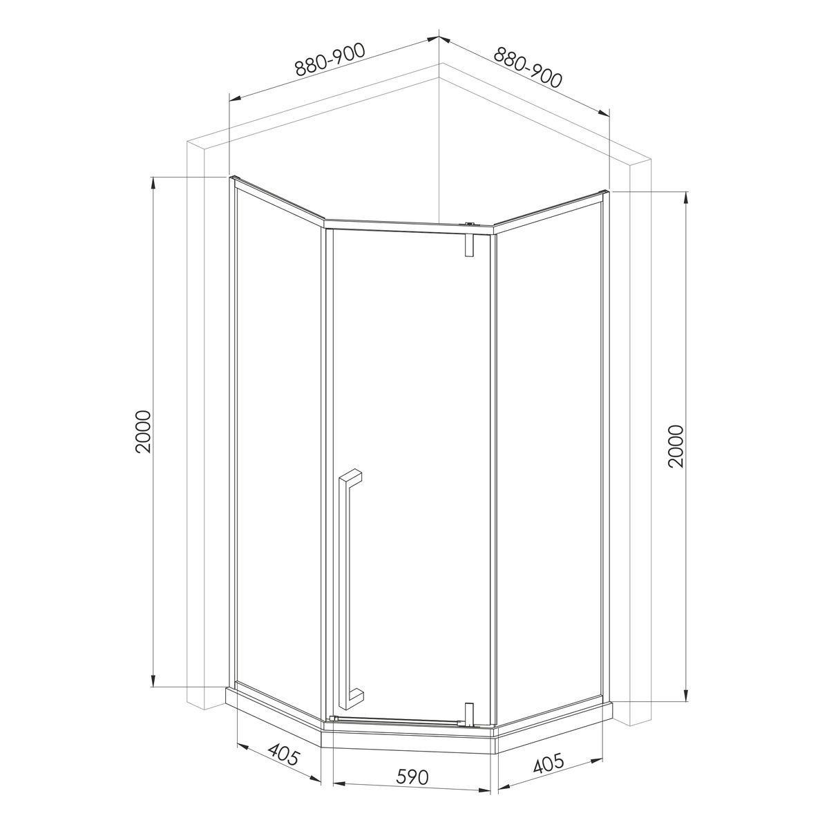 Кабина для душа VOLLE пятиугольная без поддона Mora 90x90x200см прозрачный витраж 6 мм профиль хром 1037.145501