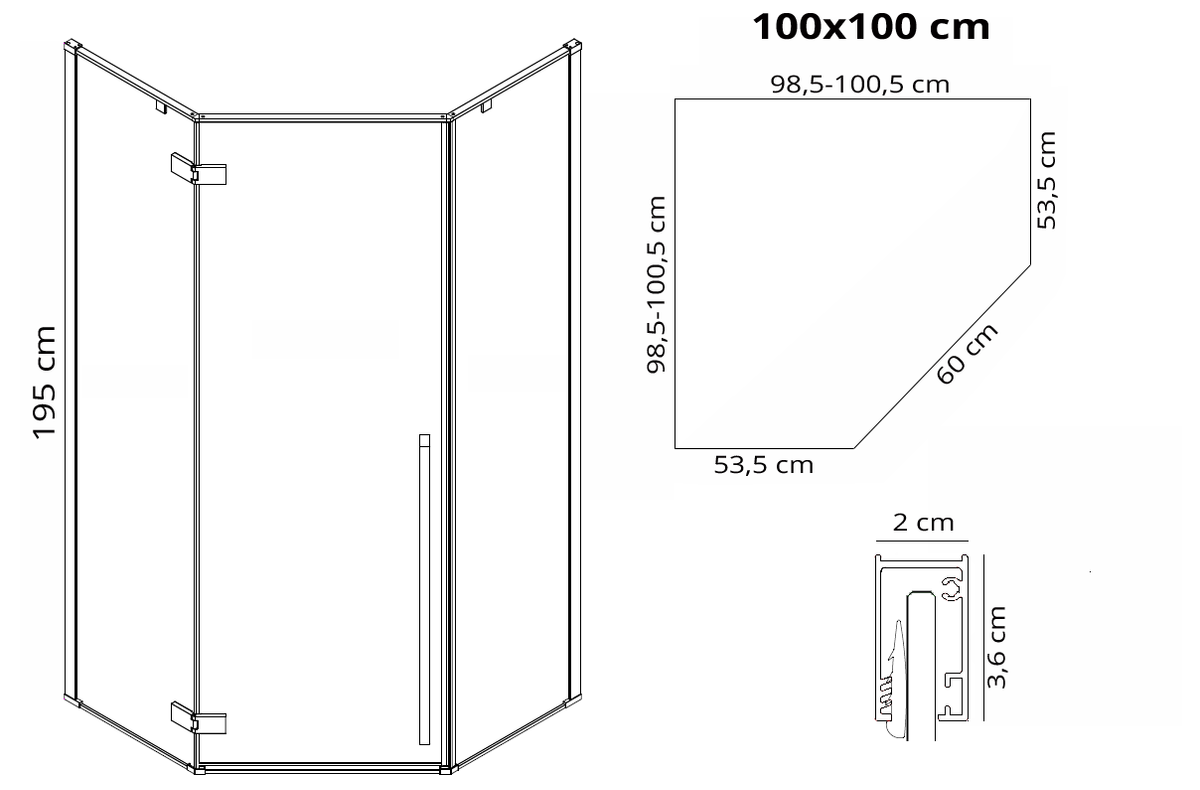 Кабина для душа пятиугольная угловая без поддона REA DIAMOND 100x100x195см прозрачное стекло 6мм профиль черный REA-K5623