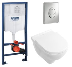 Комплект інсталяції GROHE Rapid SL кнопка хром безобідковий унітаз VILLEROY&BOCH з кришкою мікроліфт дюропласт 5660HR01+38721001+37131000