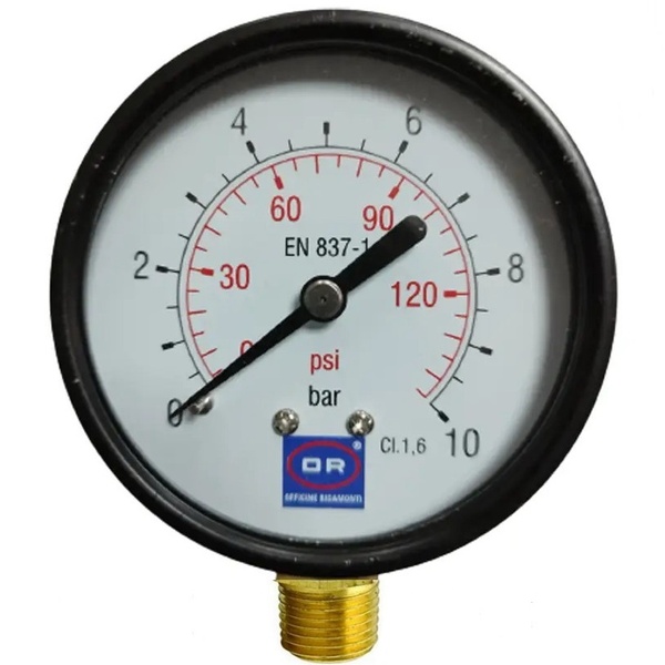 Манометр для тиску води OFFICINE RIGAMONTI на 10 бар з нижнім підключенням 1/4" корпус Ø63 мм 0301.010