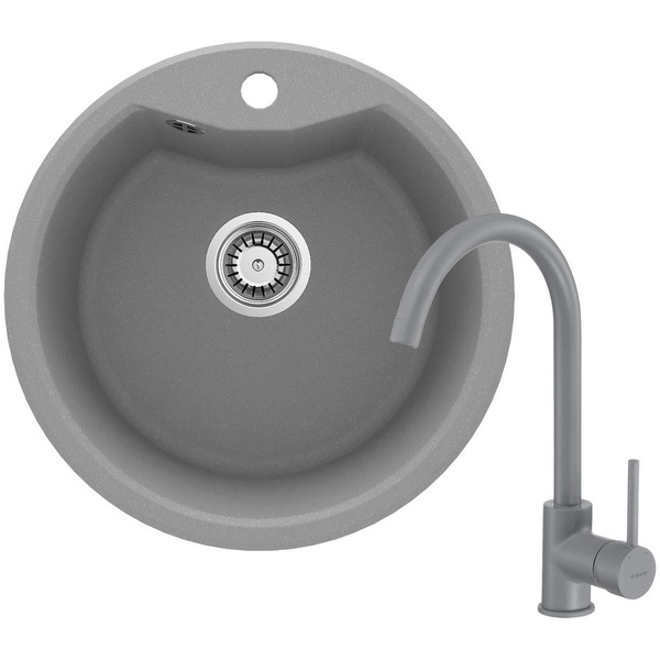 Мийка для кухні гранітна кругла DEANTE Solis&Nemezja 480x480x194мм із сифоном із комплектом сіра ZRSBS803