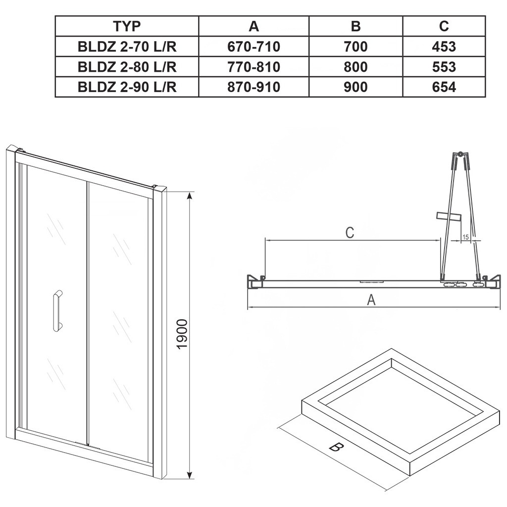 Двері для душової ніші RAVAK BLIX BLDZ2-90 скляні універсальні складні двосекційні 190x90см прозорі 6мм профіль хром X01H70C00Z1