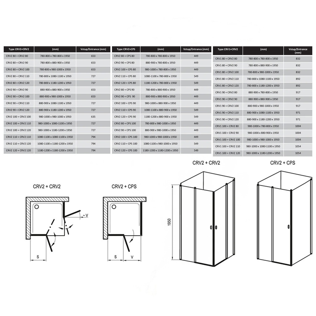 Двері скляні для душової ніші універсальні розпашні двосекційні RAVAK CHROME CRV2-100 195x100см прозоре скло 6мм профіль хром 1QVA0C00Z1