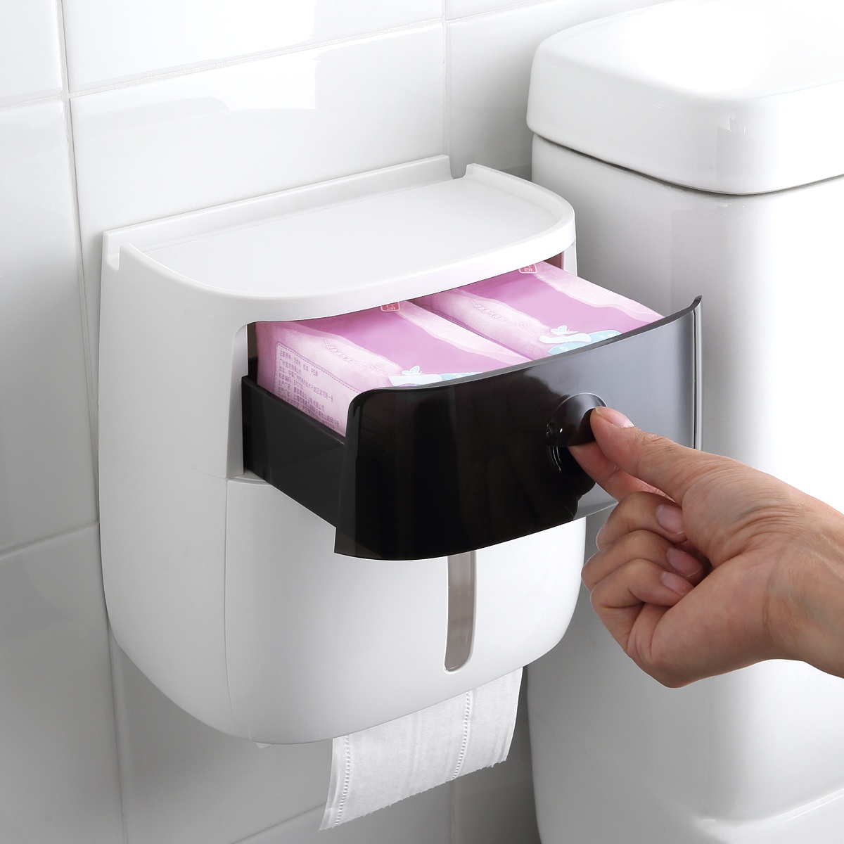 Держатель для туалетной бумаги с крышкой с полкой MVM округлый пластиковый черный BP-16 white/black