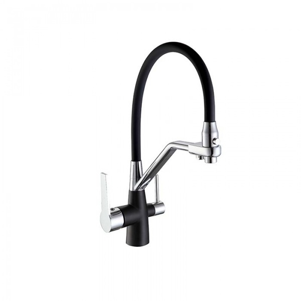 Змішувач на кухню з гнучким виливом та краном для фільтрованої води FRAP чорний/хром латунь F4374-2