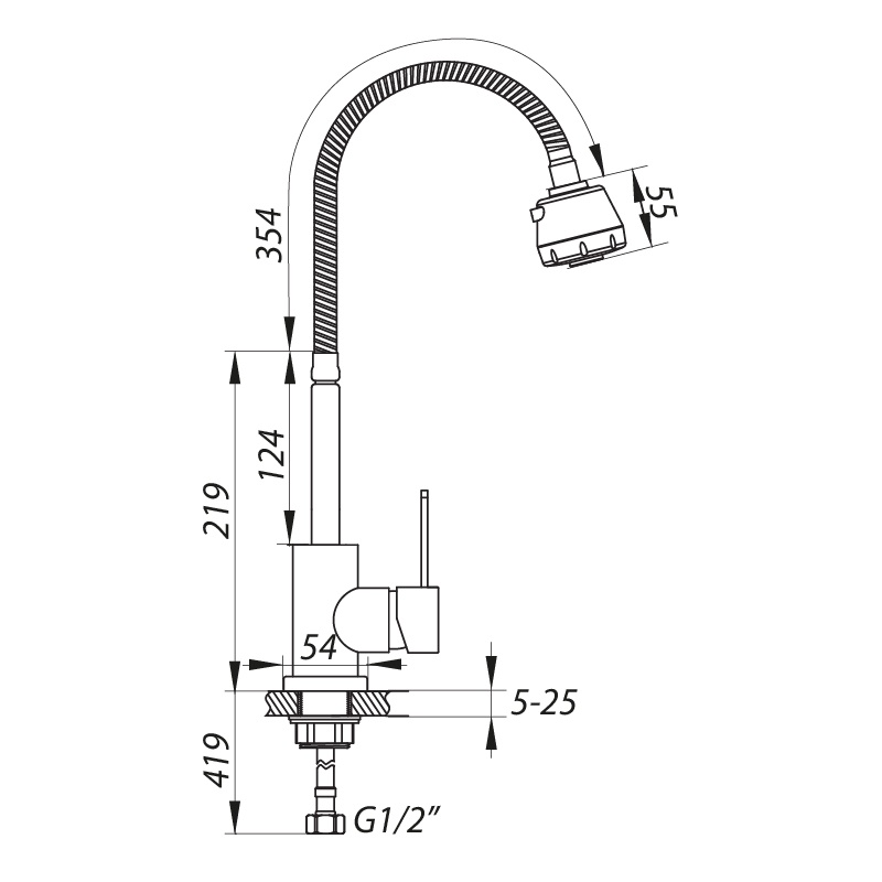 Змішувач для кухні одноважільний з гнучким виливом ZERIX LR74304 сатин нержавіюча сталь LL1207