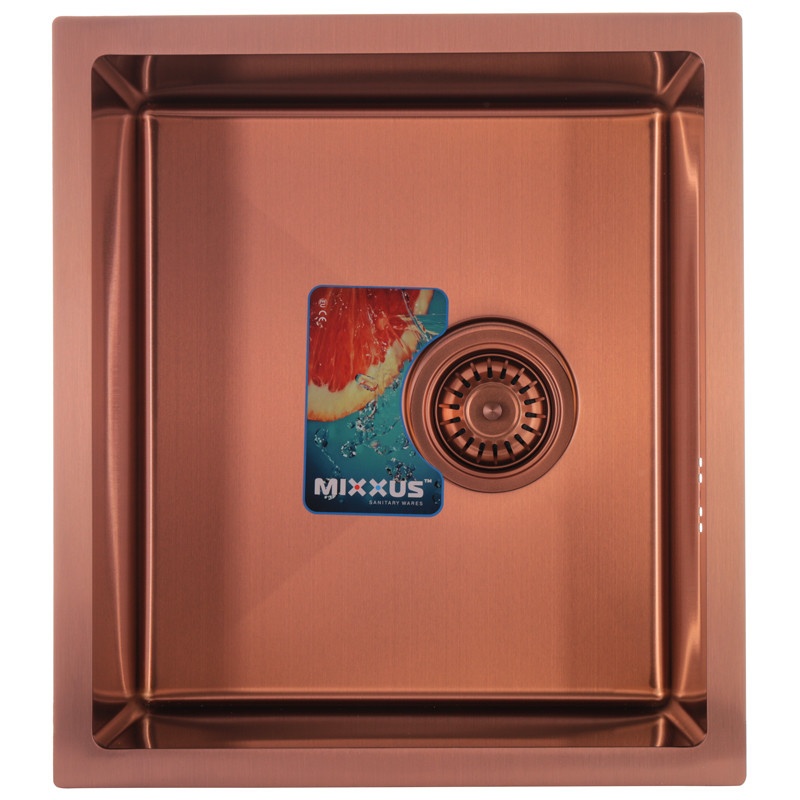 Мойка для кухни MIXXUS из нержавеющей стали MX4843-220x1.0-PVD-BRONZE 480x430мм прямоугольная интегрированная матовая 1мм бронза с сифоном MX0558