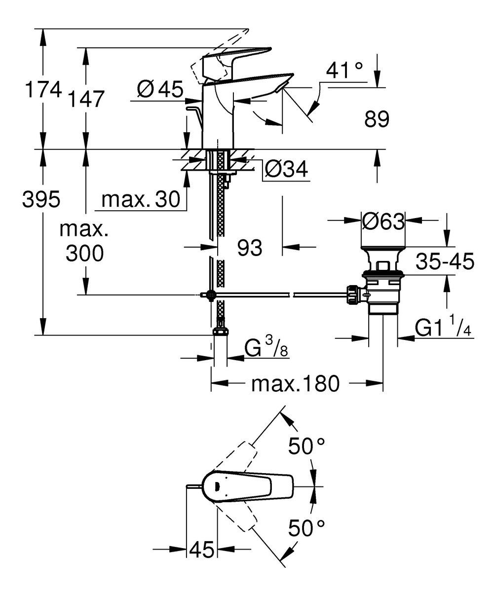 Змішувач для умивальника одноважільний GROHE BauEdge хром латунь з донним клапаном 23328001