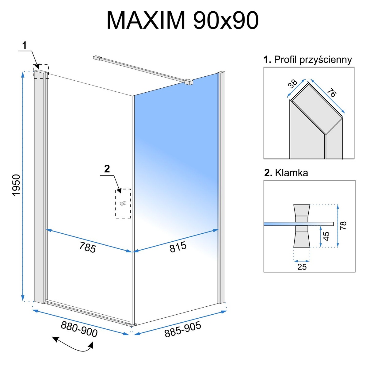 Кабина для душа квадратная угловая левая без поддона REA MAXIM 90x90x195см прозрачное стекло 6мм профиль хром REA-K0263
