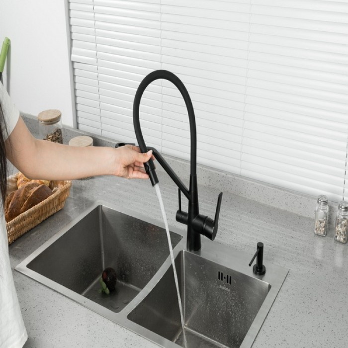 Змішувач на кухню з гнучким виливом та краном для фільтрованої води FRAP чорний латунь F4374-6