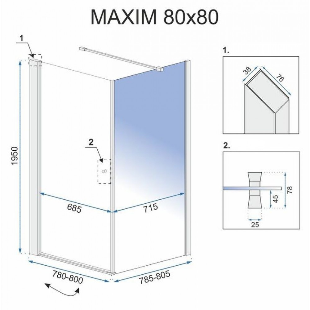 Кабина для душа квадратная угловая левая без поддона REA MAXIM 80x80x195см прозрачное стекло 6мм профиль хром REA-K0264