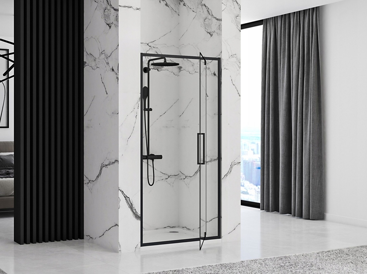 Двері скляні для душової ніші універсальні розпашні REA RAPID SWING 195x100см прозоре скло 6мм профіль чорний REA-K6410
