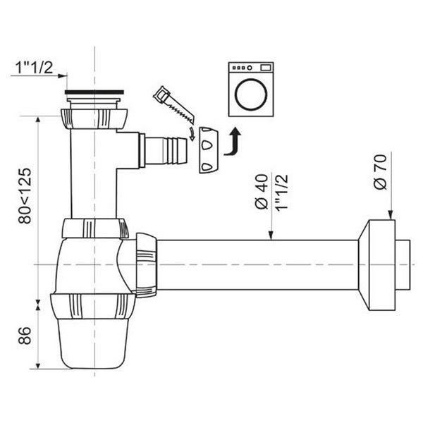 Сифон для кухонной мойки WIRQUIN впуск 1 1/2" выпуск горизонтальный с отводом под стиральную машинку белый 9542820